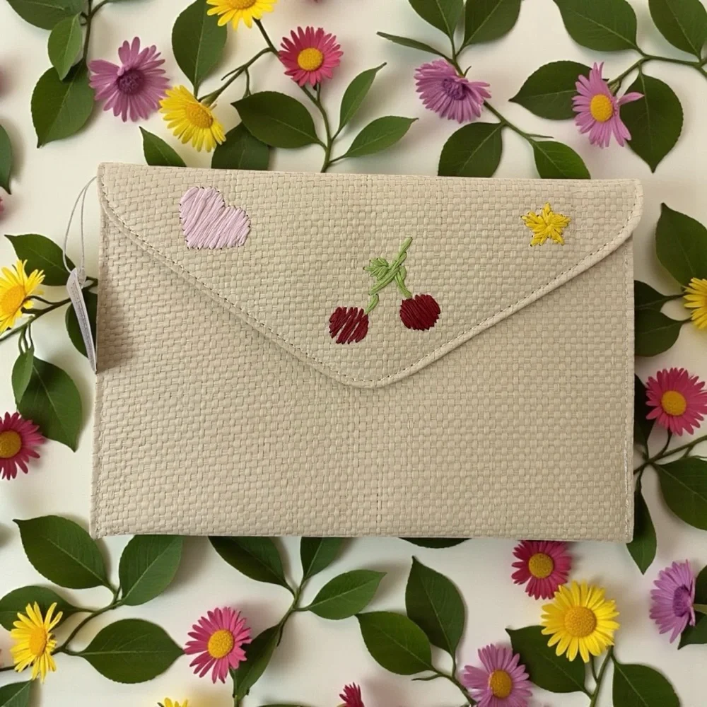 Color Play Straw Clutch with Embroidered  Cherry, Heart &‎ Straw Accents New